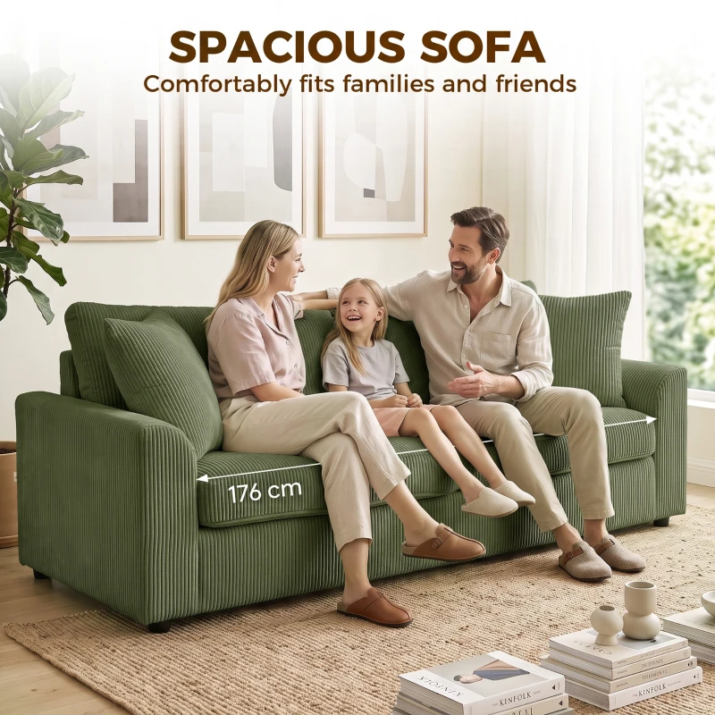 HOMCOM 3 Seater Sofa, 83.5" Modern Upholstered Couch with Pocket Spring and 2 Scatter Cushions for Living Room, Green