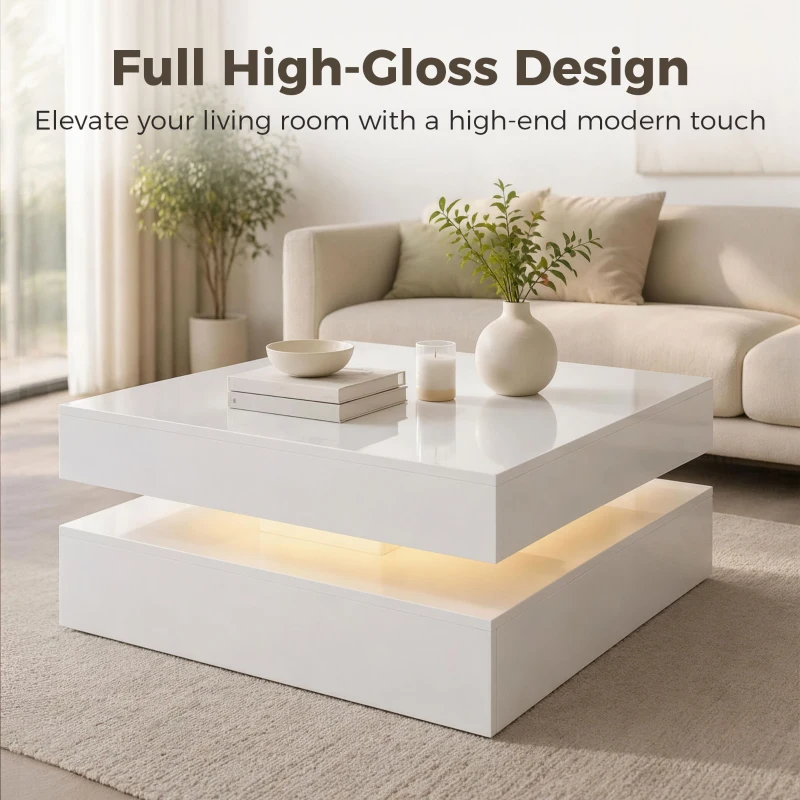 HOMCOM LED Coffee Table with Storage, 2-Tier Modern Center Table with Open Shelf and Remote for Living Room, High Gloss White