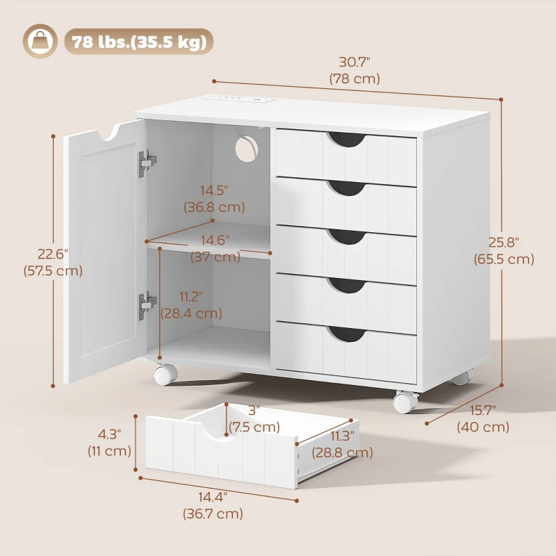 HOMCOM Mobile Lateral Filing Cabinet with 5 Drawers, Printer Stand with Power Outlets and USB Ports for Home Office, White