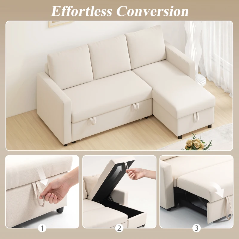 HOMCOM 83" Sofa Bed, Pull Out Sleeper L Shaped Sectional Couch with Reversible Storage Chaise, Wide and Deep Seat, Cream White
