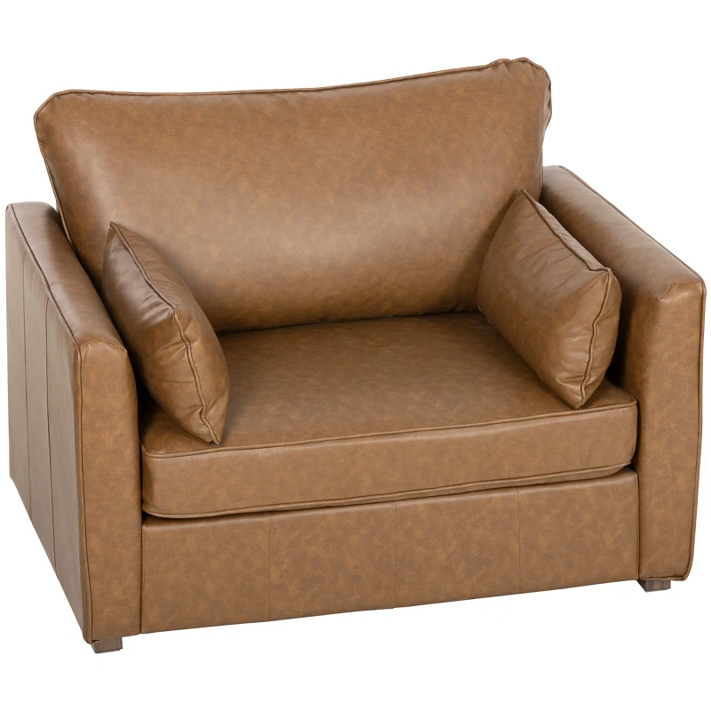 HOMCOM Accent Chair, PU Leather Armchair with Wide Seat, Spring Cushion, Rubberwood legs, 2 Pillows, Brown