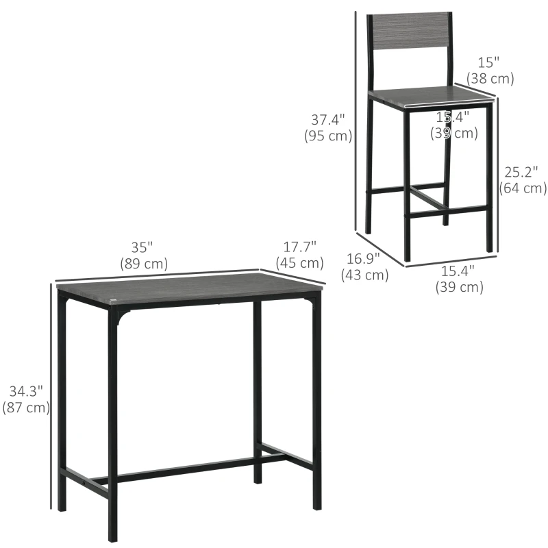 HOMCOM Industrial Bar Table Set Counter Height 3 Piece and 2 High Back Stools Set Dining Table Set Grey
