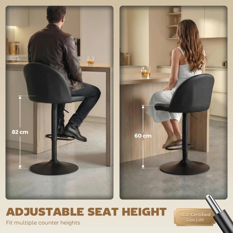 HOMCOM Bar Stools Set of 2, Swivel Counter Height Barstools with Footrest, Black