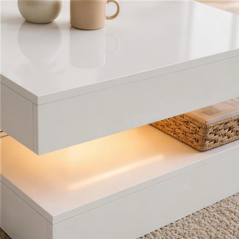 HOMCOM LED Coffee Table with Storage, 2-Tier Modern Center Table with Open Shelf and Remote for Living Room, High Gloss White