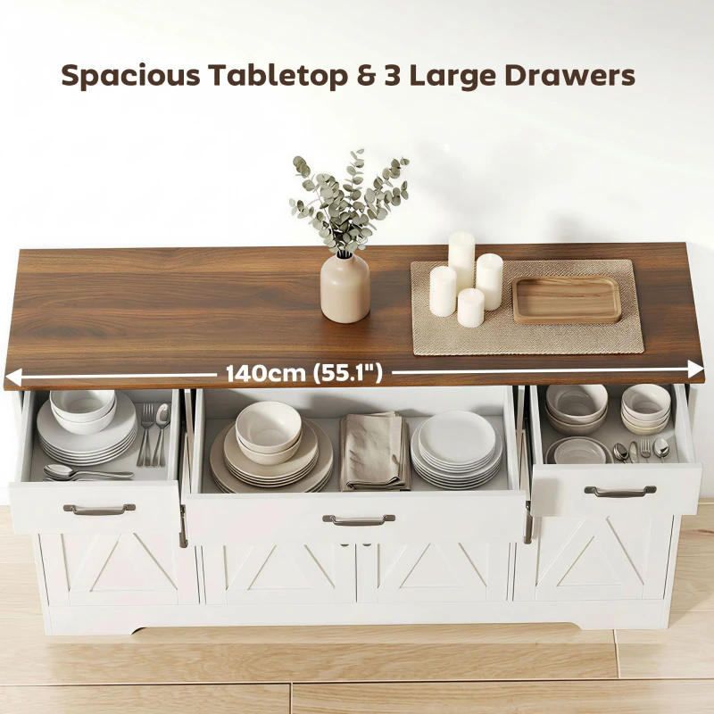 HOMCOM Sideboard Buffet Cabinet, 55" Farmhouse Kitchen Cabinet with 4 Barn Doors, 3 Drawers, 3 Adjustable Shelves, White