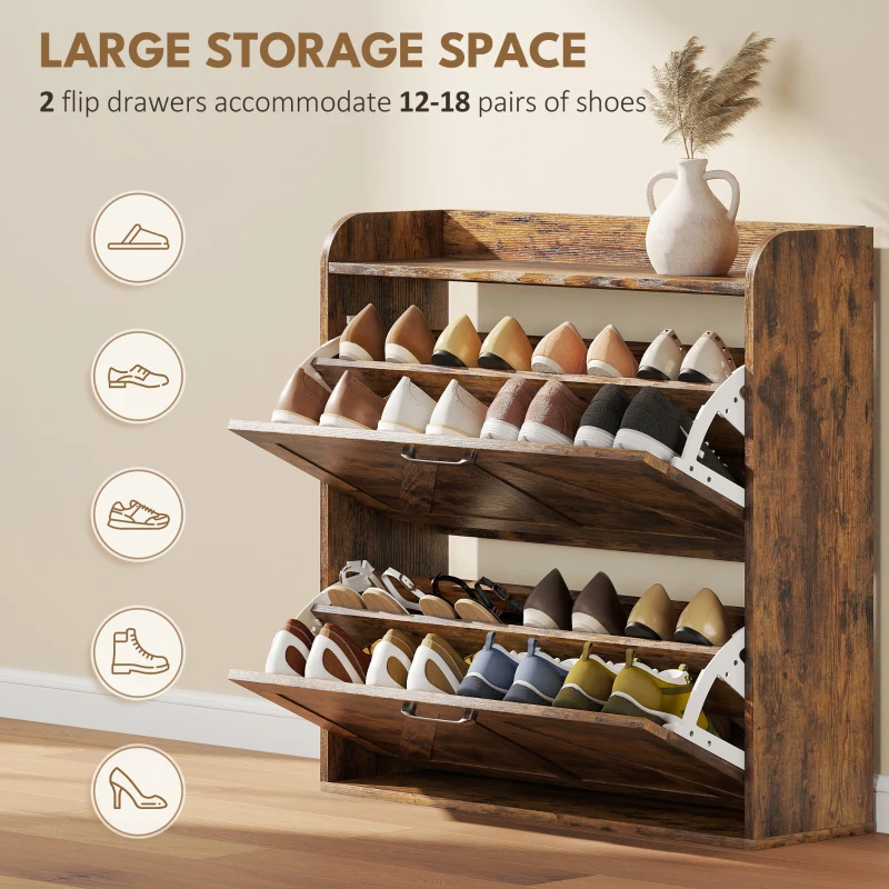 HOMCOM Narrow Shoe Storage Cabinet, Farmhouse Slim Shoe Cabinet with 2 Flip Drawers, Adjustable Shelves, Rustic Brown