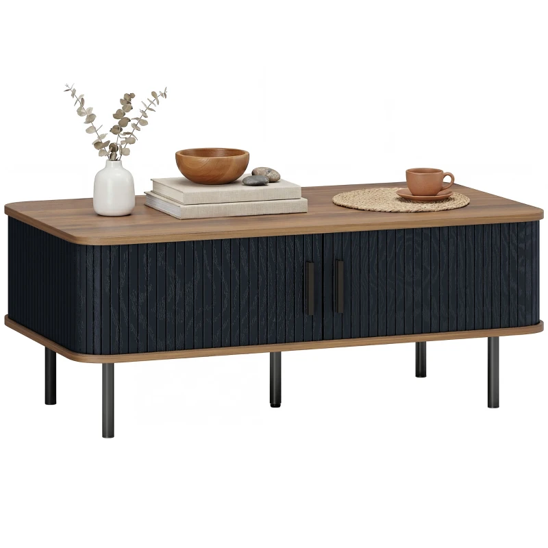 HOMCOM Nordic Side Table with Fluted Tambour Sliding Doors and Steel Legs, Coffee Table with Storage for Living Room, Black