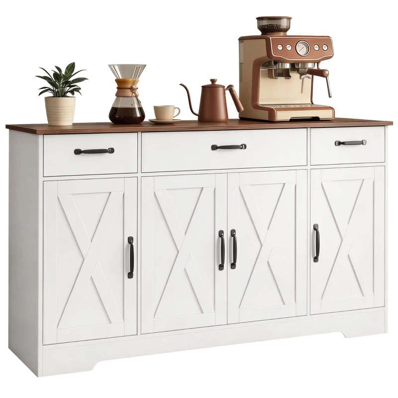 HOMCOM Sideboard Buffet Cabinet, 55" Farmhouse Kitchen Cabinet with 4 Barn Doors, 3 Drawers, 3 Adjustable Shelves, White