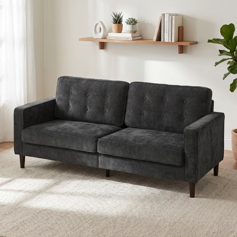 HOMCOM 3 Seater Sofa Upholstered with Padded Cushion Modern Button Tufted Couch with Wood Legs, Dark Grey