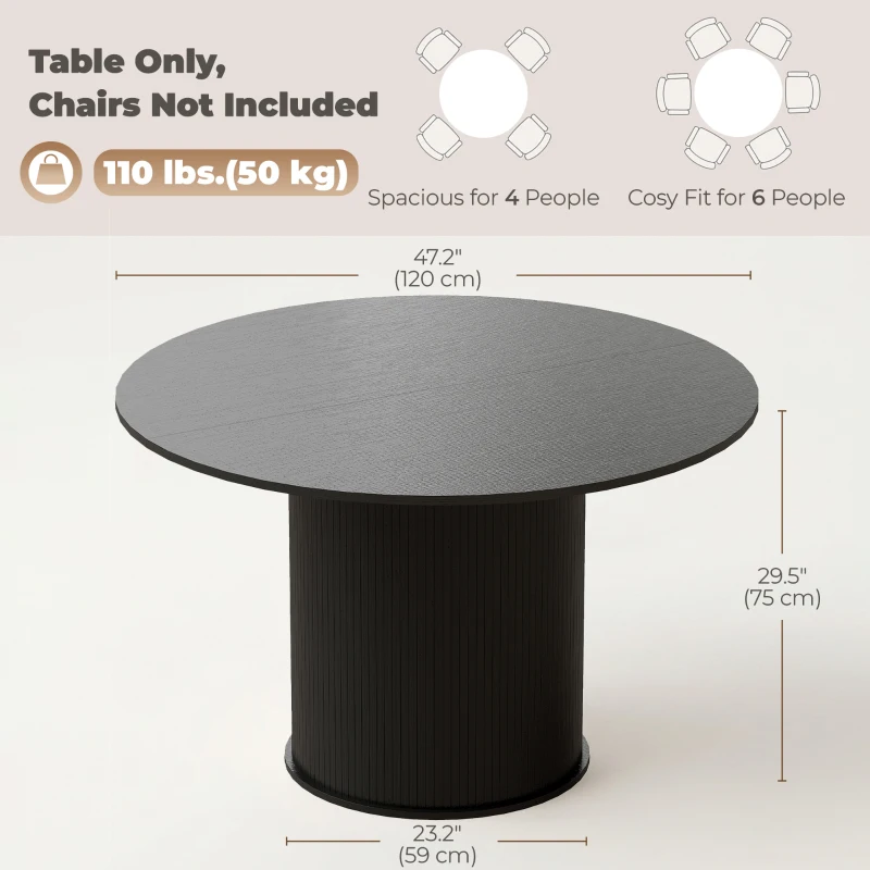 HOMCOM Round Dining Table for 4-6, 47 Inch Kitchen Table with Fluted Pedestal Base, for Kitchen Living Room Dining Room, Black