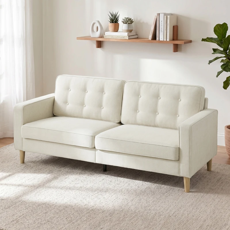 HOMCOM 3 Seater Sofa Upholstered with Padded Cushion Modern Button Tufted Couch with Wood Legs, Cream White