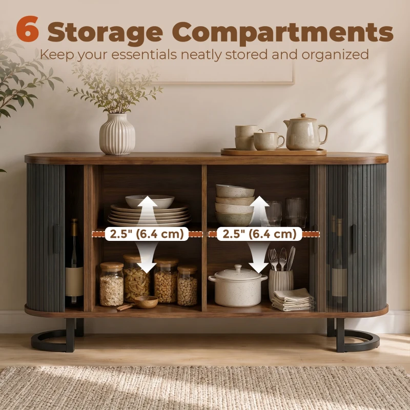 HOMCOM Fluted Sideboard Buffet Cabinet, 55" Modern Coffee Bar Cabinet with Sliding Doors and Adjustable Shelves, Black