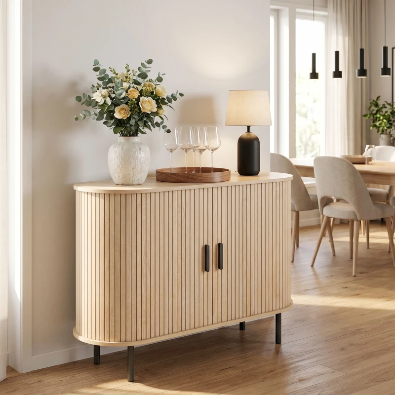 HOMCOM Sideboard Buffet Cabinet with Curved Tambour Doors and Storage, Natural Wood