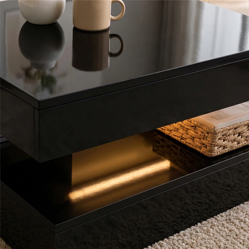 HOMCOM LED Coffee Table with Storage, 2-Tier Modern Center Table with Open Shelf and Remote for Living Room, High Gloss Black