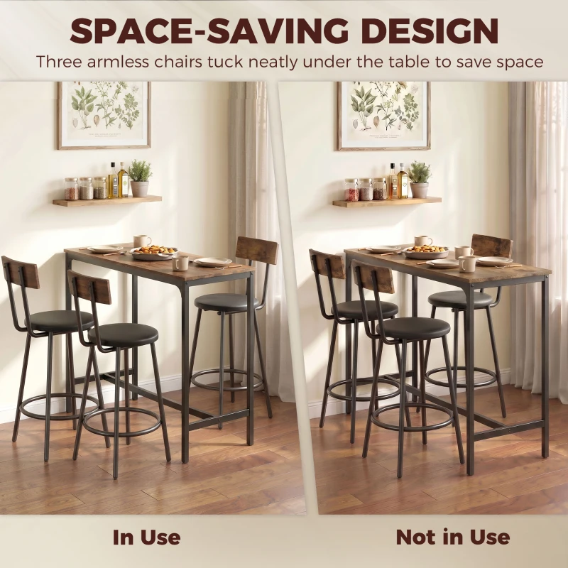 HOMCOM Bar Table Set Counter Height Barstools Set of 4 PU Cushioned Seats Rustic Brown