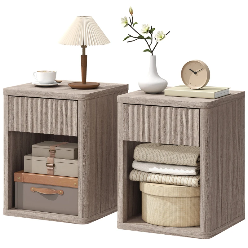 HOMCOM Nightstand with Drawer and Open Shelf, Modern Bedside Table Set of 2 for Bedroom Living Room, Grey