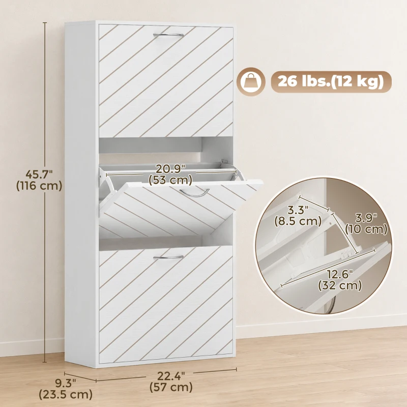 HOMCOM Shoe Storage Cabinet with 3 Flip Drawers, Narrow and Slim, 9-12 Pair of Shoes Organizer for Hallway, Entryway, White
