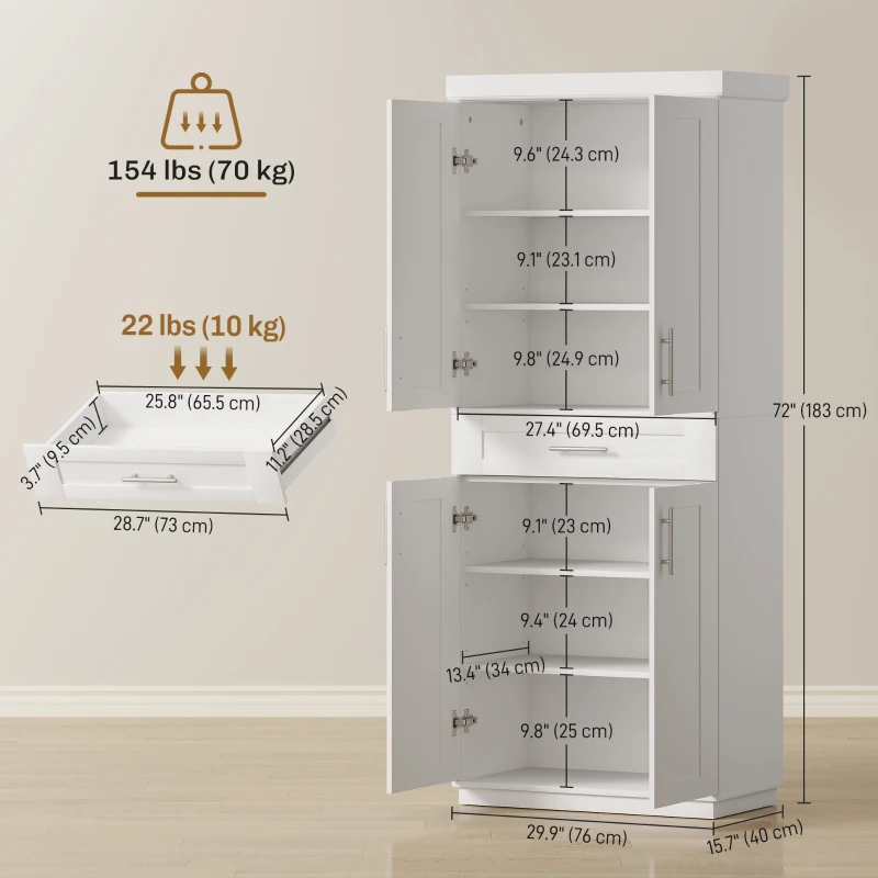 HOMCOM 72" Storage Cabinet, Freestanding Kitchen Pantry Cabinet with 4 Doors, Drawer and 3 Adjustable Shelves, White