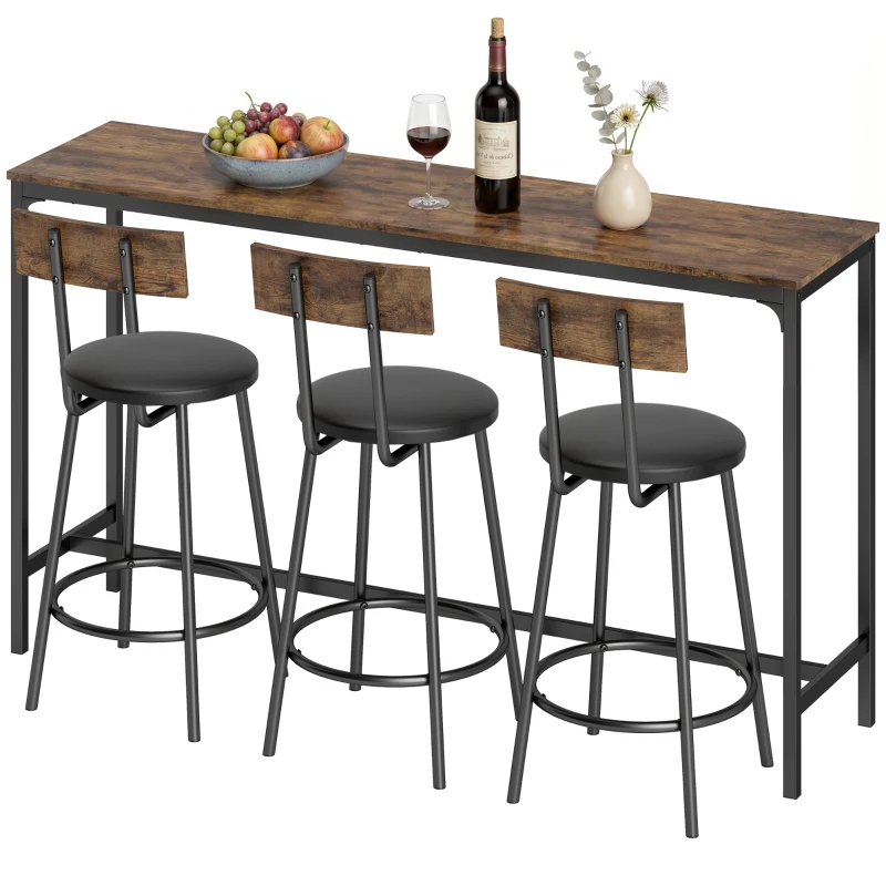 HOMCOM Bar Table Set Counter Height Barstools Set of 4 PU Cushioned Seats Rustic Brown