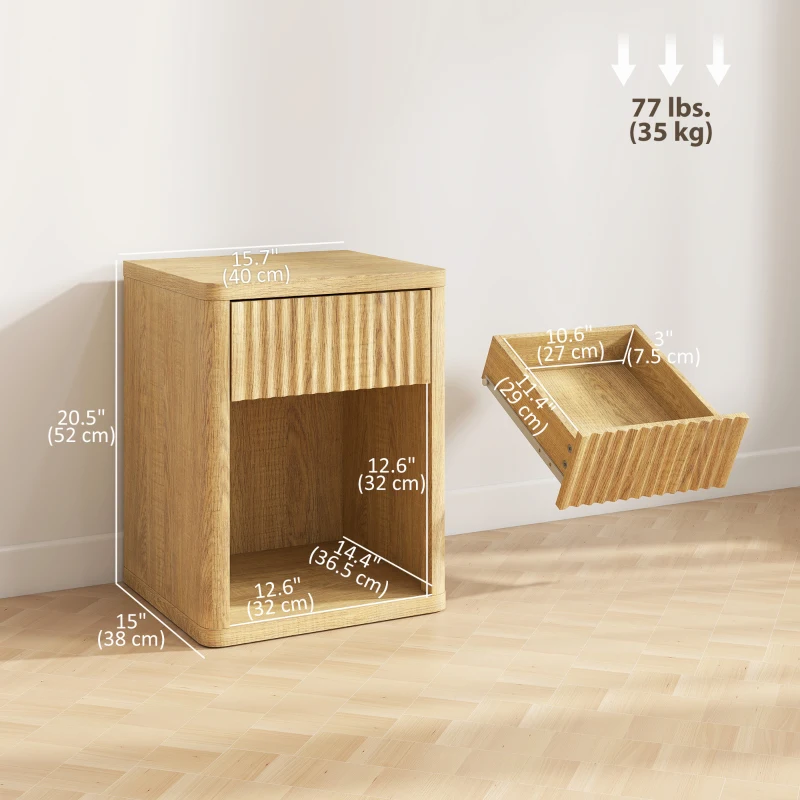 HOMCOM Nightstand with Drawer and Open Shelf, Modern Bedside Table Set of 2 for Bedroom Living Room, Oak