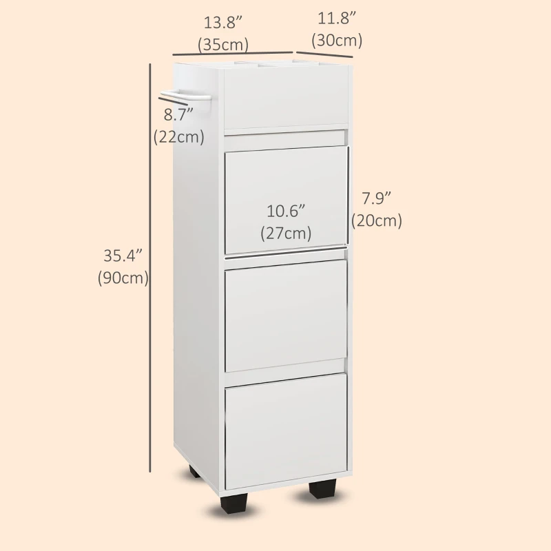 HOMCOM Slim Bathroom Cabinet, Bathroom Storage Cabinet with 4 Top Compartments, 3 Drawers & Towel Rack for Narrow Spaces, White