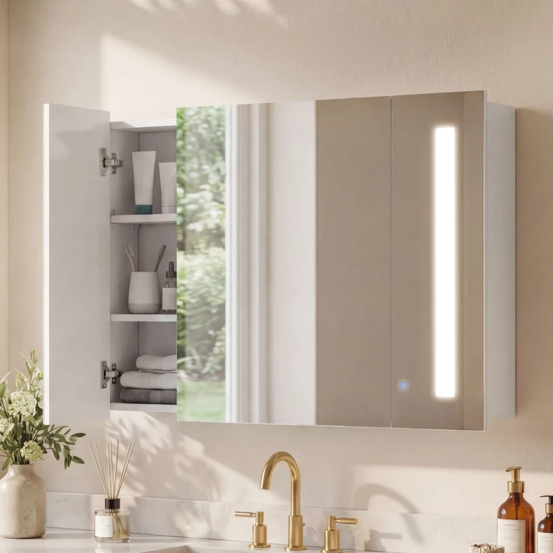 kleankin Medicine Cabinet with Mirror, Wall Mounted Bathroom Mirror Cabinet with Adjustable Shelf, USB Charge, High Gloss White