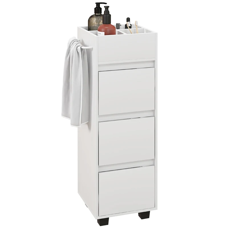 HOMCOM Slim Bathroom Cabinet, Bathroom Storage Cabinet with 4 Top Compartments, 3 Drawers & Towel Rack for Narrow Spaces, White