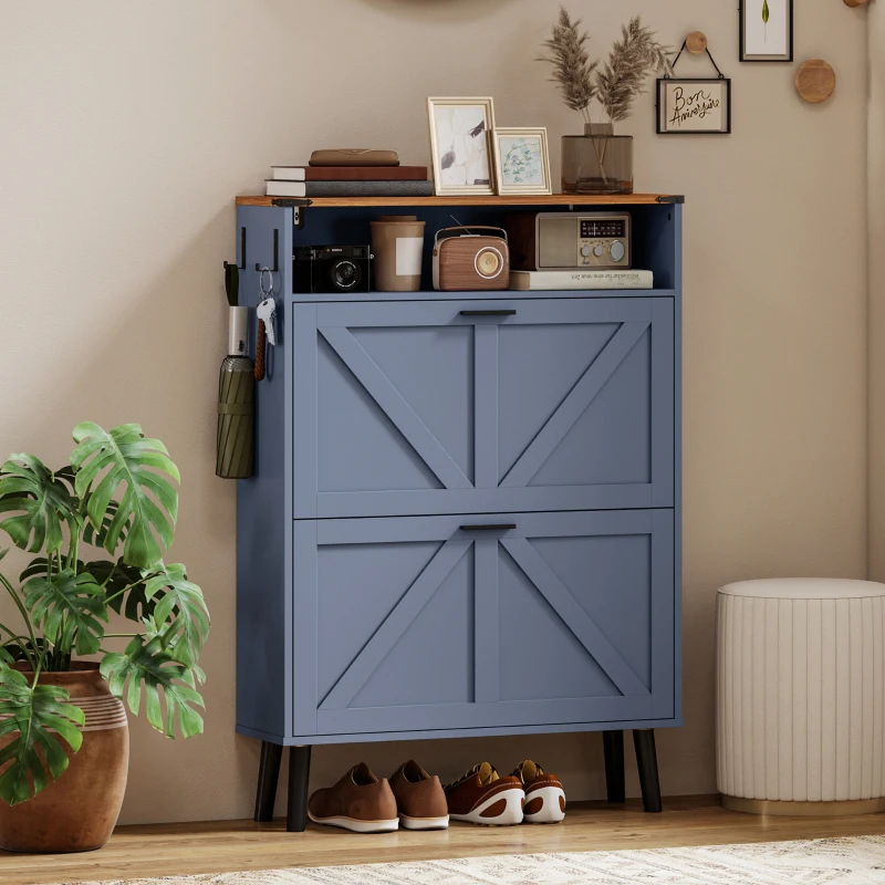 HOMCOM Shoe Storage Cabinet with 2 Flip Drawers, Farmhouse Narrow Shoe Cabinet, Holds Up to 16 Pairs, Blue