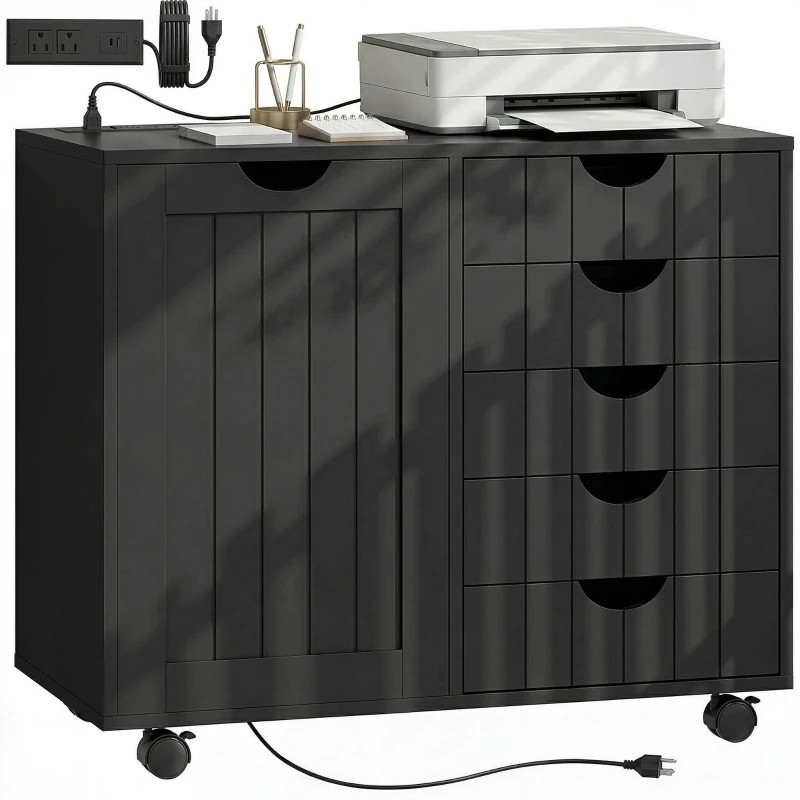 HOMCOM Mobile Lateral Filing Cabinet with 5 Drawers, Printer Stand with Power Outlets and USB Ports for Home Office, Black