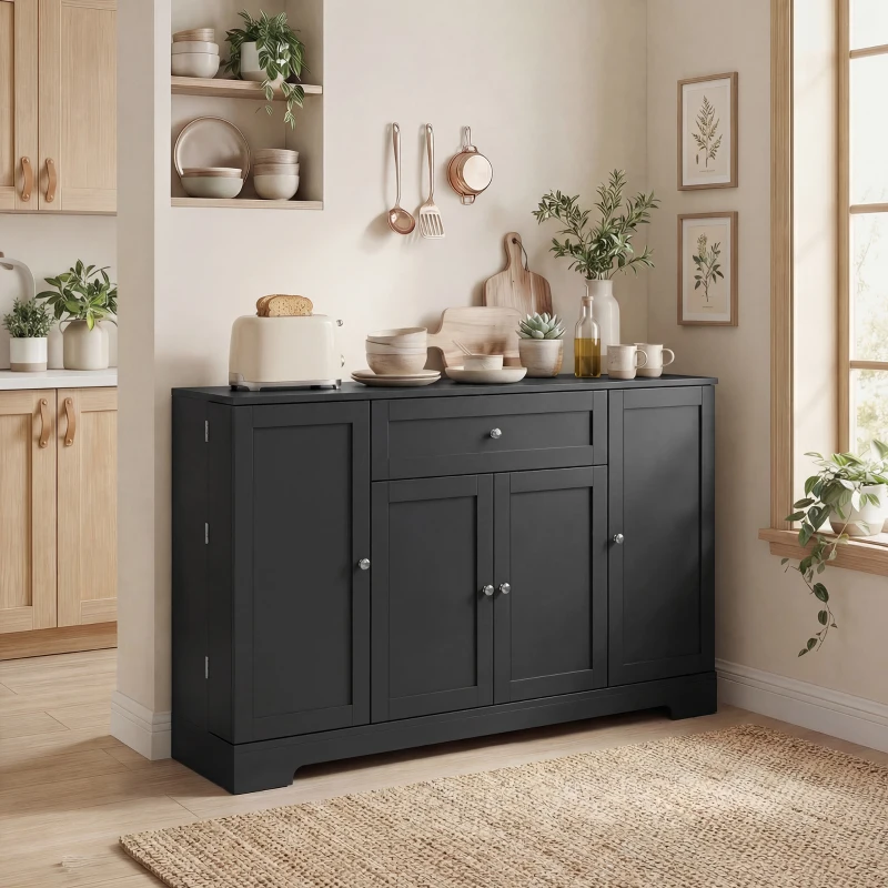 HOMCOM 55" Modern Kitchen Storage Cabinet with Drawer, Adjustable Shelves, Small Kitchen Pantry with Door Racks, Black
