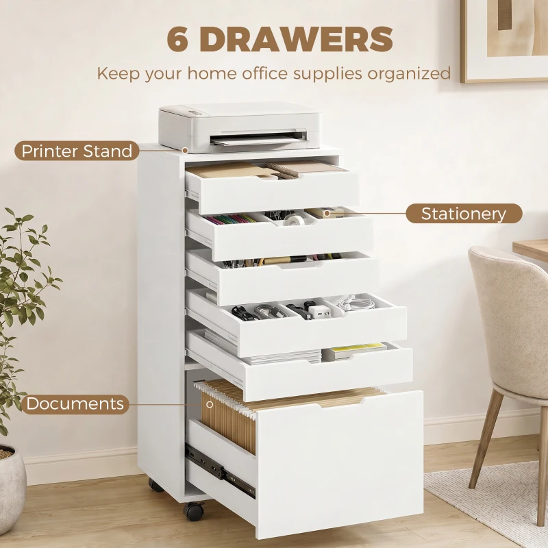 HOMCOM File Cabinet on Wheels Mobile Printer Stand with 6 Drawers for Home Office White
