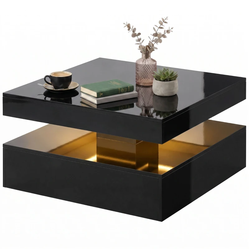 HOMCOM LED Coffee Table with Storage, 2-Tier Modern Center Table with Open Shelf and Remote for Living Room, High Gloss Black