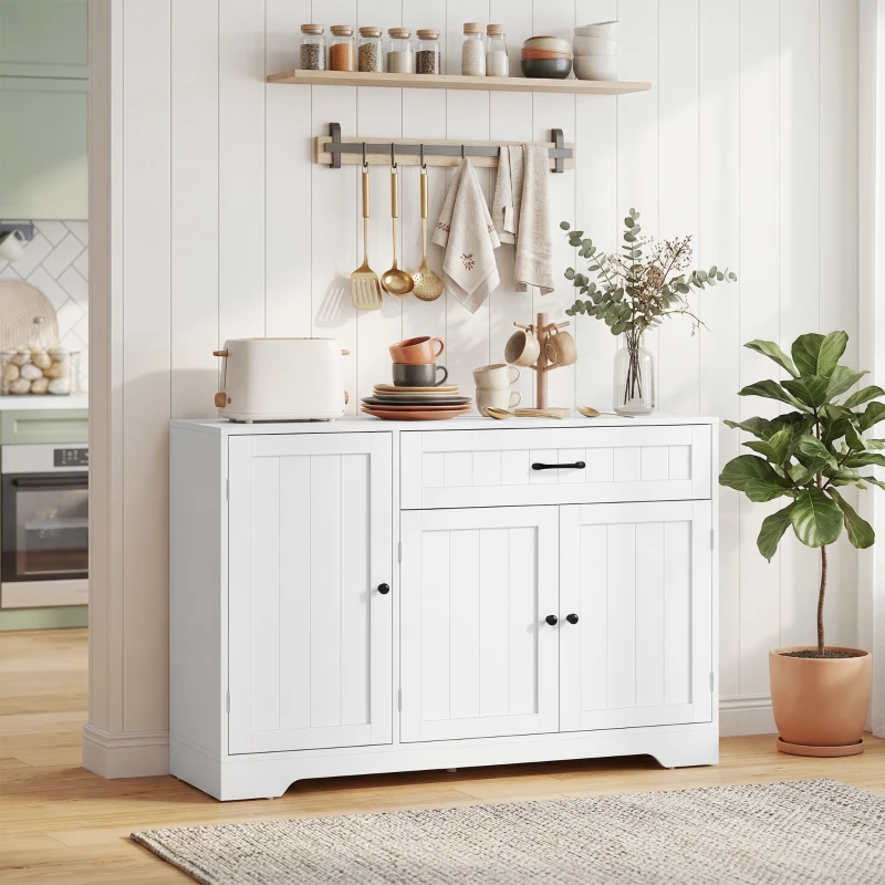 HOMCOM 44" Modern Kitchen Storage Cabinet with Drawer, Adjustable Shelves, Small Kitchen Pantry with Door Racks, White