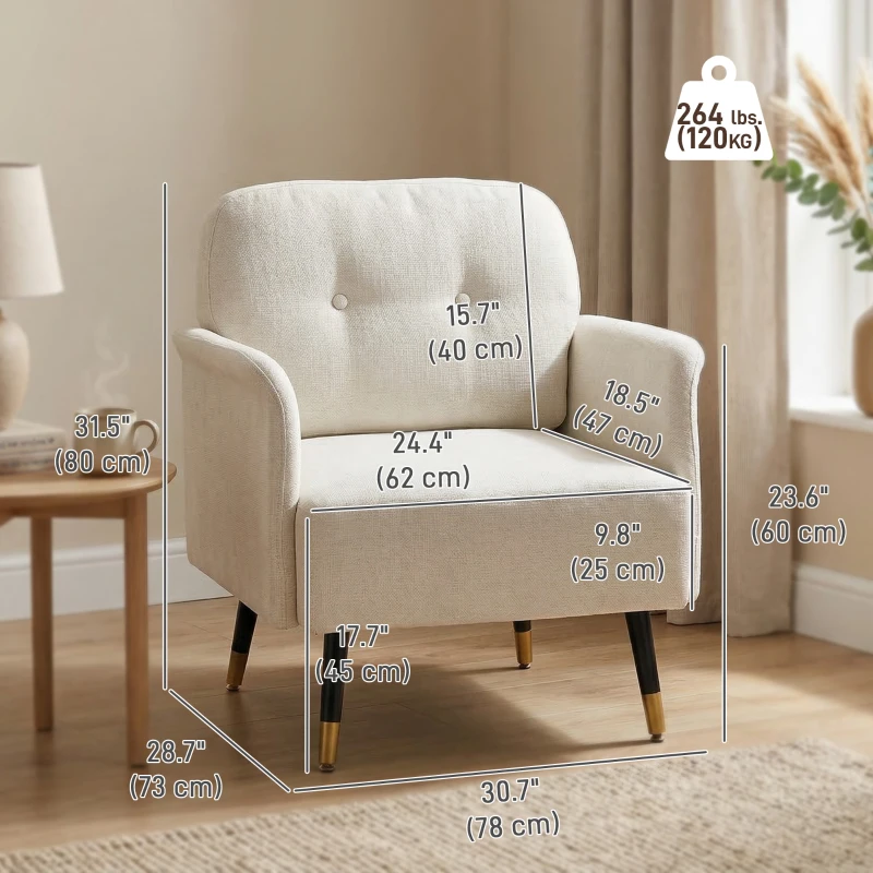 HOMCOM Accent Chair Modern Tufted with Metal Legs Upholstered Reading Armchair for Living Room Cream White
