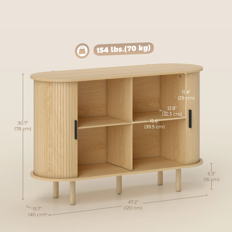 HOMCOM 47" Buffet Cabinet with Tambour Sliding Doors, Fluted Sideboard with Storage Shelves and Wooden Legs, Oak