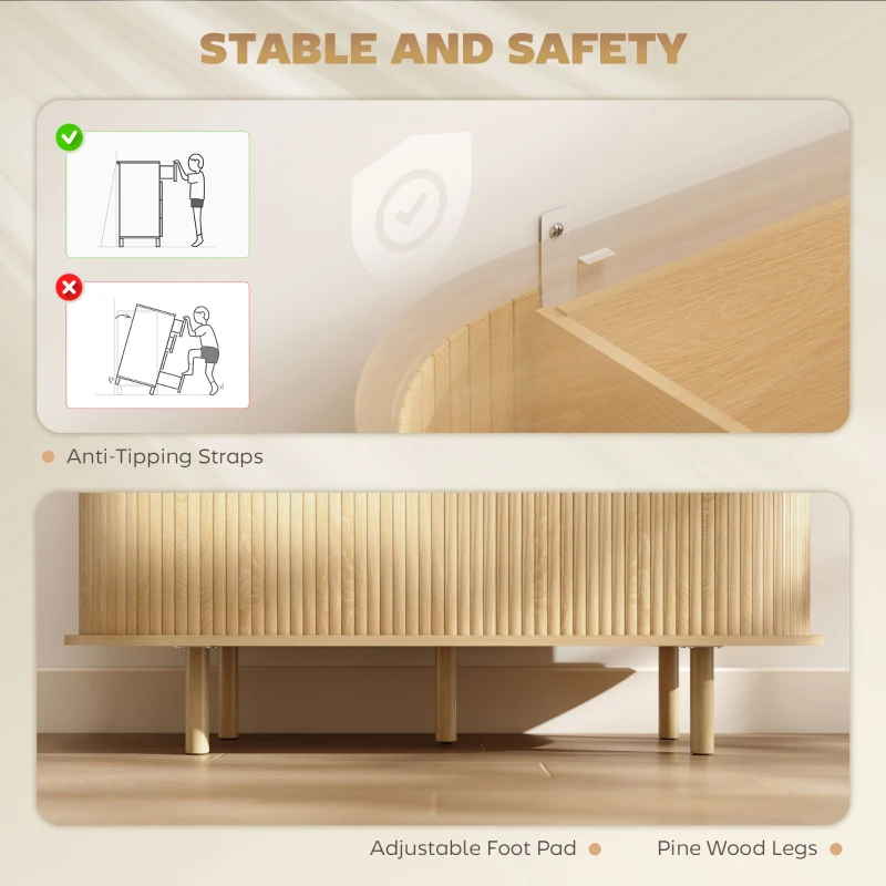 HOMCOM 47" Buffet Cabinet with Tambour Sliding Doors, Fluted Sideboard with Storage Shelves and Wooden Legs, Oak