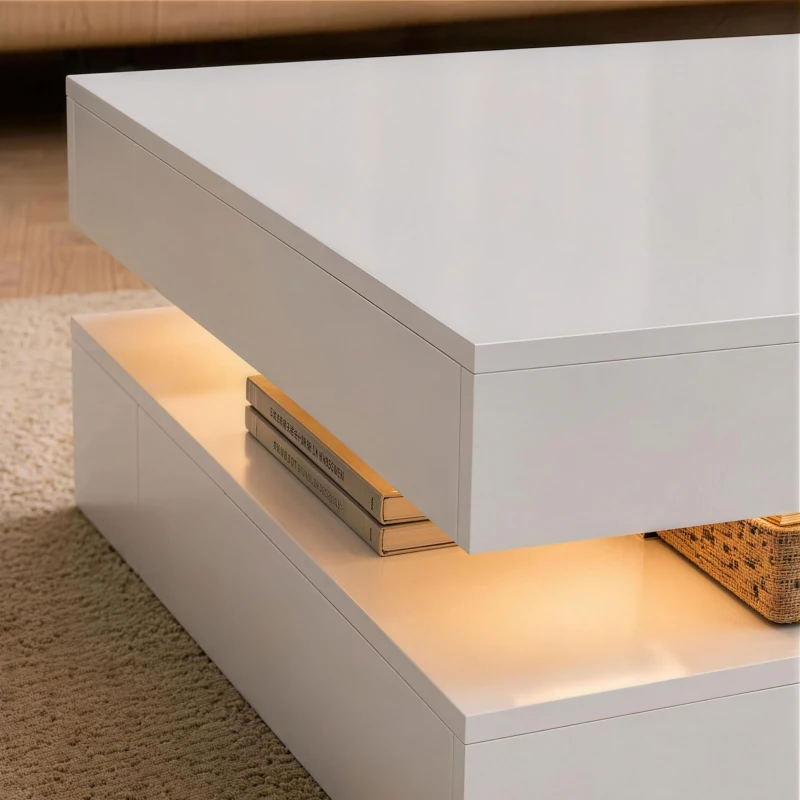 HOMCOM LED Coffee Table with Storage, 2-Tier Modern Center Table with Open Shelf and Remote for Living Room, High Gloss White
