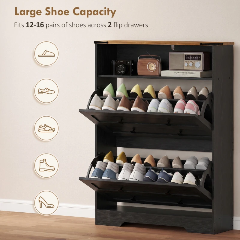 HOMCOM Shoe Cabinet with 2 Flip Drawers, Narrow Shoe Storage Cabinet, Black
