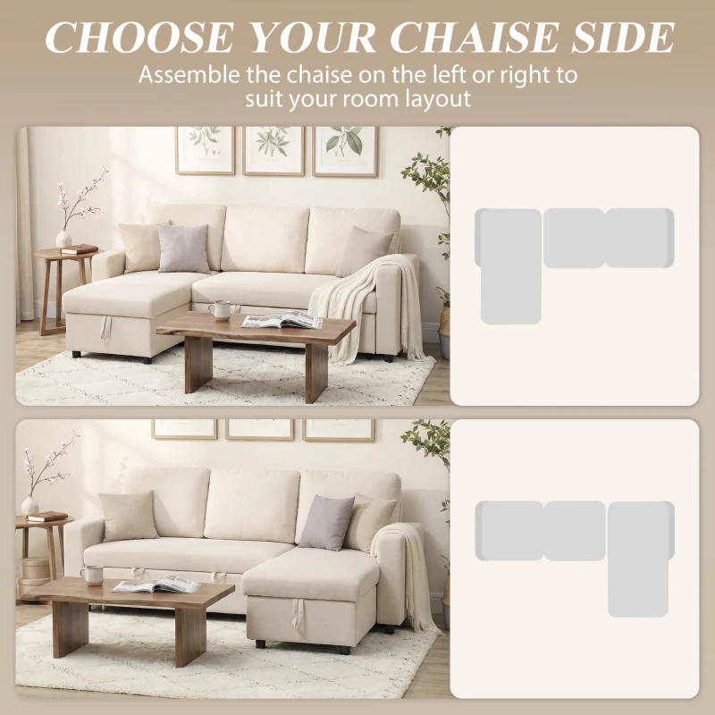 HOMCOM 83" Sofa Bed, Pull Out Sleeper L Shaped Sectional Couch with Reversible Storage Chaise, Wide and Deep Seat, Cream White