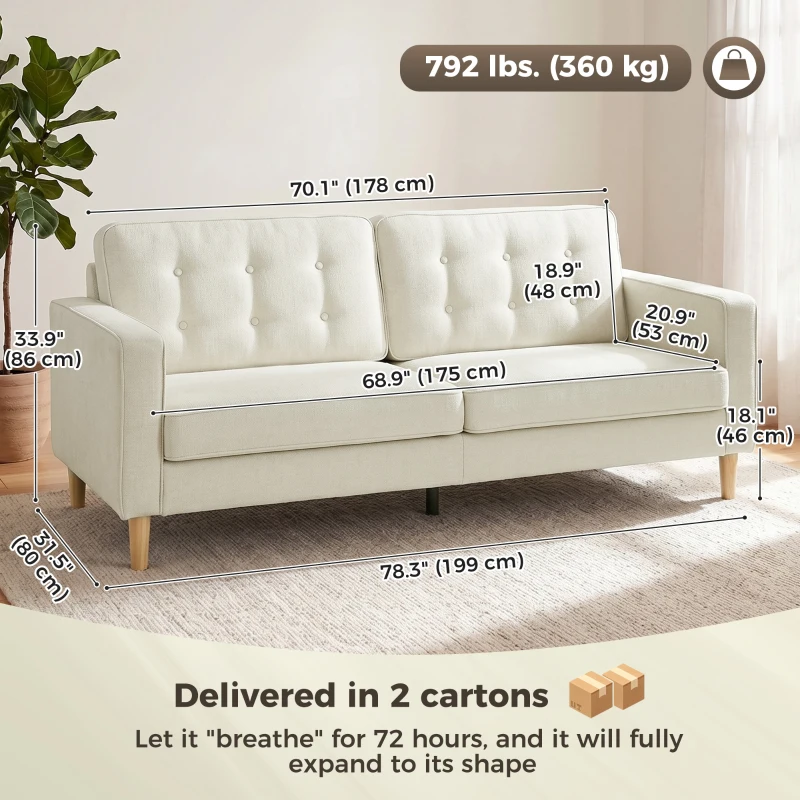 HOMCOM 3 Seater Sofa Upholstered with Padded Cushion Modern Button Tufted Couch with Wood Legs, Cream White