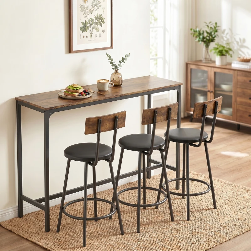 HOMCOM Bar Table Set Counter Height Barstools Set of 4 PU Cushioned Seats Rustic Brown