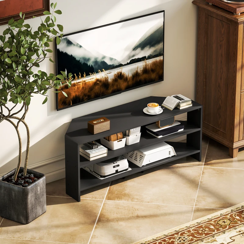 HOMCOM Corner TV Stand, Modern TV Table with 2 Open Shelves for 47 Inch TV, Entertainment Center for Living Room, Black