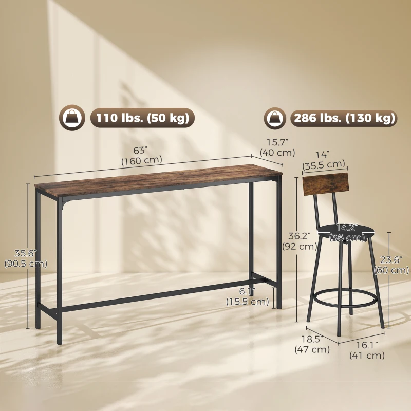 HOMCOM Bar Table Set Counter Height Barstools Set of 4 PU Cushioned Seats Rustic Brown