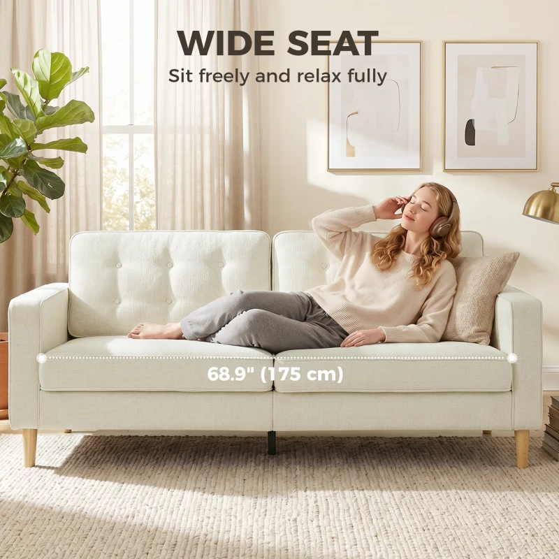 HOMCOM 3 Seater Sofa Upholstered with Padded Cushion Modern Button Tufted Couch with Wood Legs, Cream White