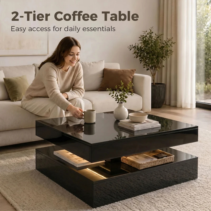 HOMCOM LED Coffee Table with Storage, 2-Tier Modern Center Table with Open Shelf and Remote for Living Room, High Gloss Black
