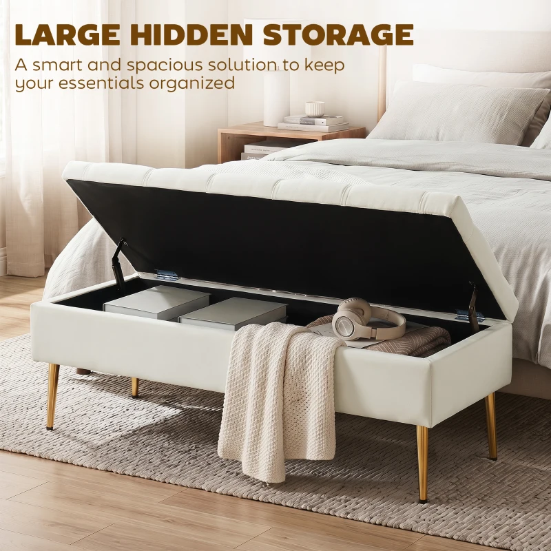 HOMCOM Upholstered Bedroom Bench with Gold Tone Metal Legs, Velvet Tufted and Thick Padding, Beige