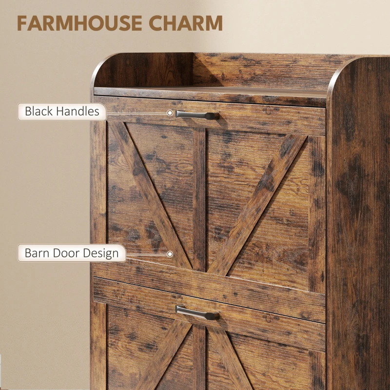 HOMCOM Narrow Shoe Storage Cabinet, Farmhouse Slim Shoe Cabinet with 2 Flip Drawers, Adjustable Shelves, Rustic Brown