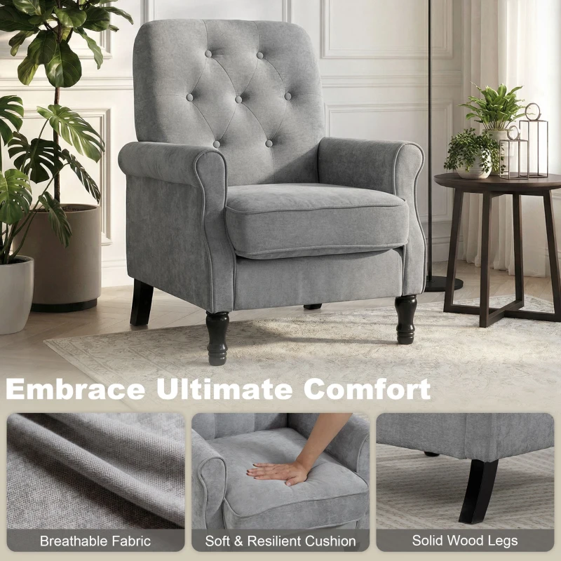 HOMCOM Accent Chair, Mid-Century Modern Armchair with Thick Padded Seat, Spring Cushion, Solid Wood Legs, Grey