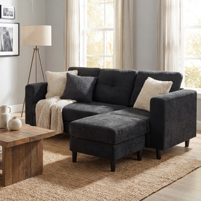 HOMCOM Sectional Sofa, L Shaped Couch with Changeable Chaise, Wooden Legs, Black