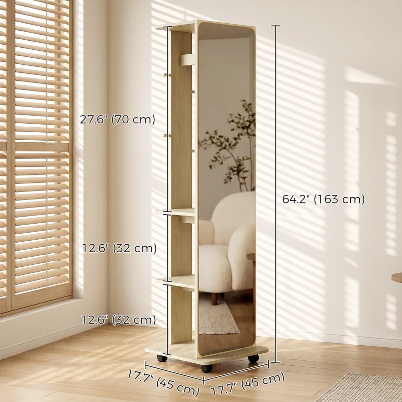 HOMCOM 15" x 62" Full Length Mirror, Tempered Glass Floor Mirror on Wheels with Storage Shelves, Coat Hangers, Natural Wood